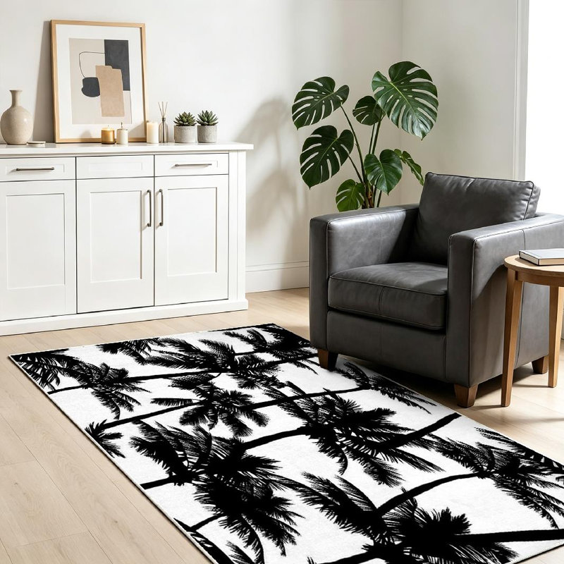 Tapis blanc lavable à la machine, palmiers noirs dessinés pour l'intérieur, Rectangle 39 po x 63 po