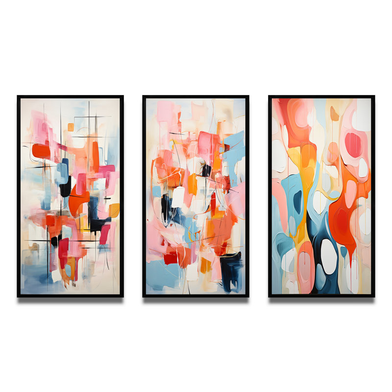 «Pink Beige Mid Century Atomic Abstraction», 3 pièces sur toile, Cadre flottant noir, H 40 po x l 60 po