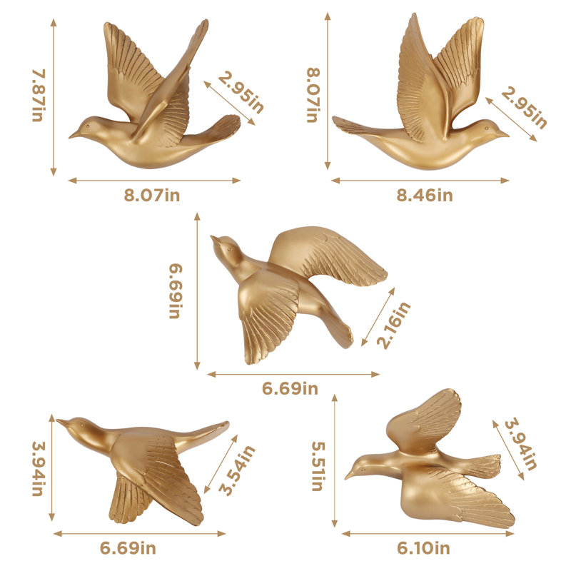 Five-Piece 3D Floating Bird, Flying Birds Wall Decor set, Gold