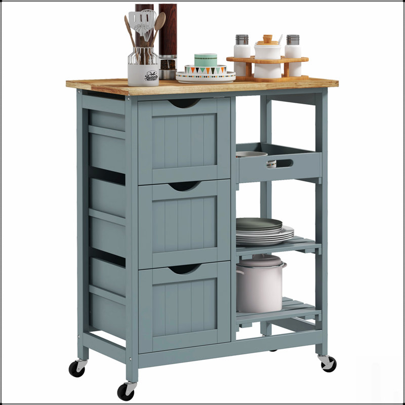 Chariot pour îlot de cuisine roulant avec plateau en bois, tablettes et tiroirs pour les espaces de repas compacts