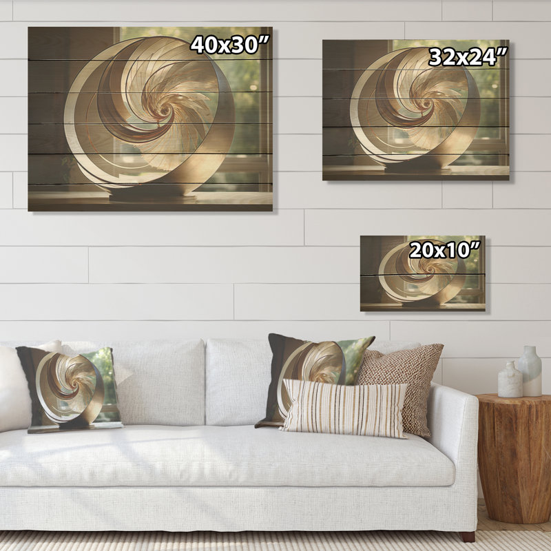 Bronze Beauty Nautilus Vortex - Nautilus Wood Art On Natural Pine Wood, 10" H x 20" W