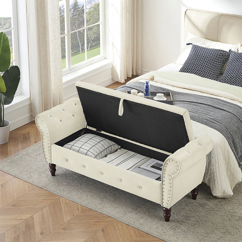 Banc de rangement en velours Larain, Beige