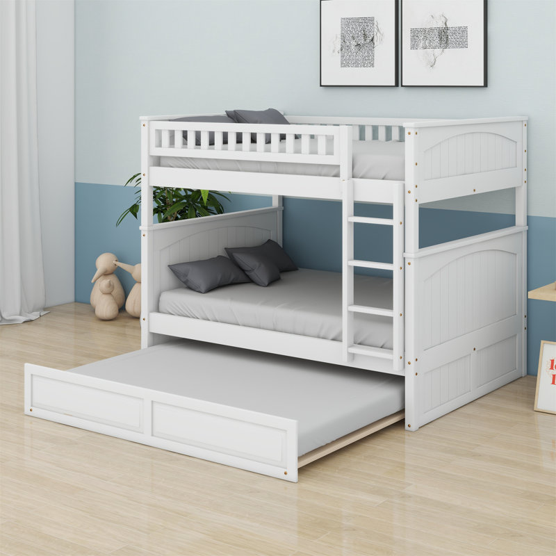 Bunk Bed With Trundle And Guardrails, White