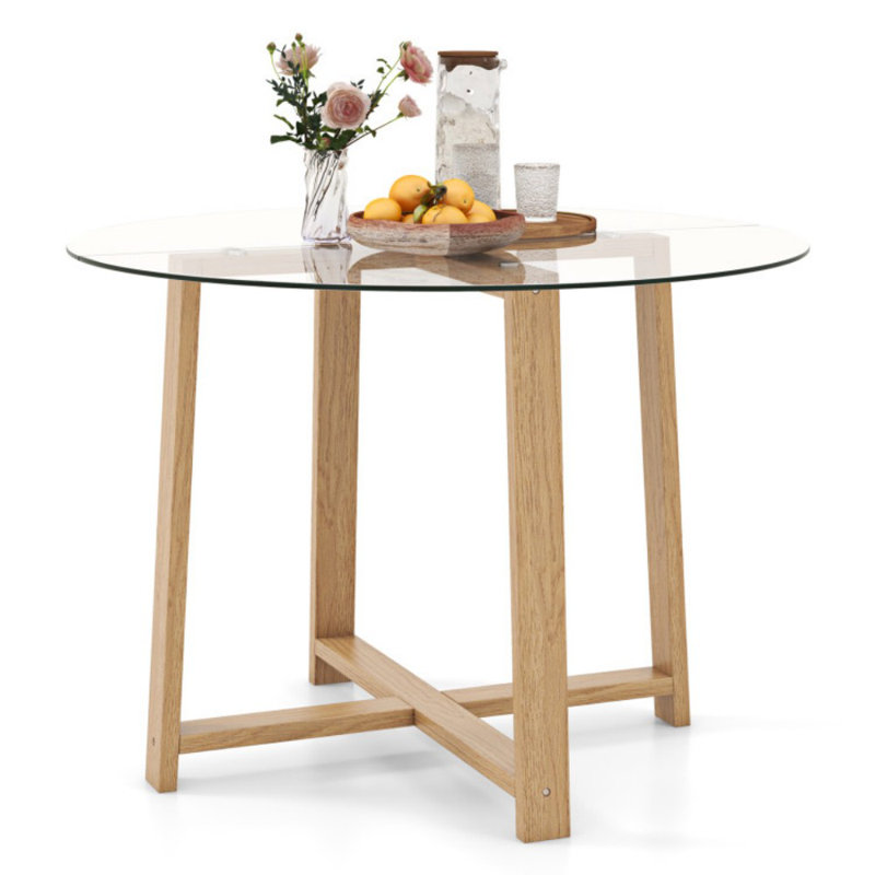 Table de salle à manger ronde en verre 42 pouces avec plateau en verre trempé et pieds en bois d'hévéa