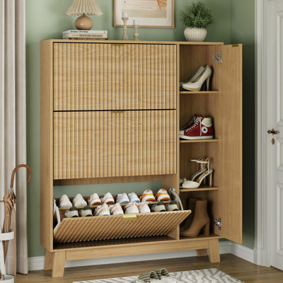 Fluted Shoe Cabinet with 3 Flip Drawers and Side Cabinet, Narrow Freestanding Storage for Front Door Entrance (Set of 2）