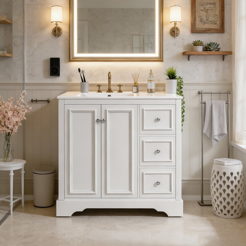 Meuble-lavabo transitionnel 36 po avec lavabo en céramique 36 po, Blanc