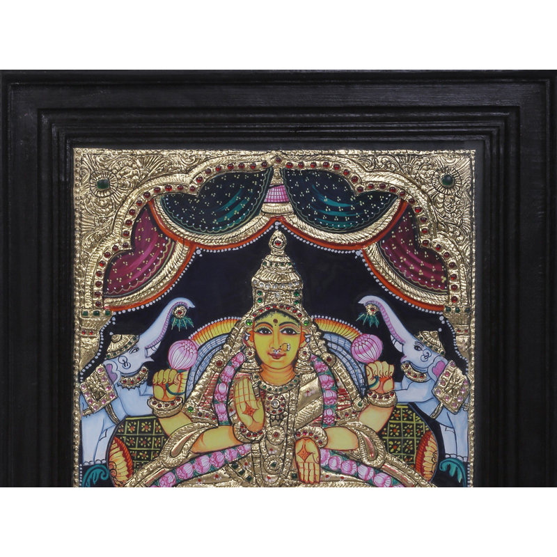 Déesse Gajalakshmi Tanjore, peinture | Couleurs traditionnelles avec or 24 carats | Structure en bois de teck
