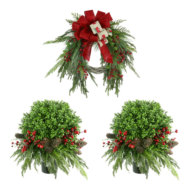 Farmhouse Holiday Wreath and UV Boxwood Drop-In