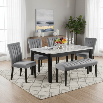 Black Modern 6-Piece Dining Set, Rectangular Faux Marble Tabletop, Tufted Solid Wood Upholstered Dining Chairs Bench by Wildon Home