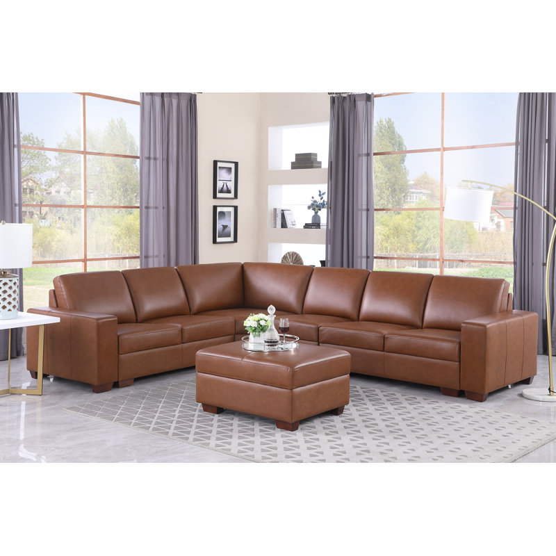 Buonomo Upholstered L-Shaped Sectional, Brown Genuine Leather