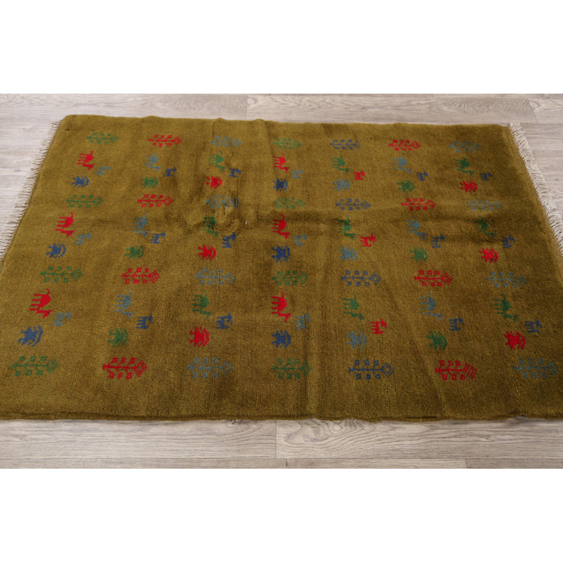 Tapis de zone en laine 3 pi 5 po x 5 pi "one-of-kind" noué la new age gabbeh brown