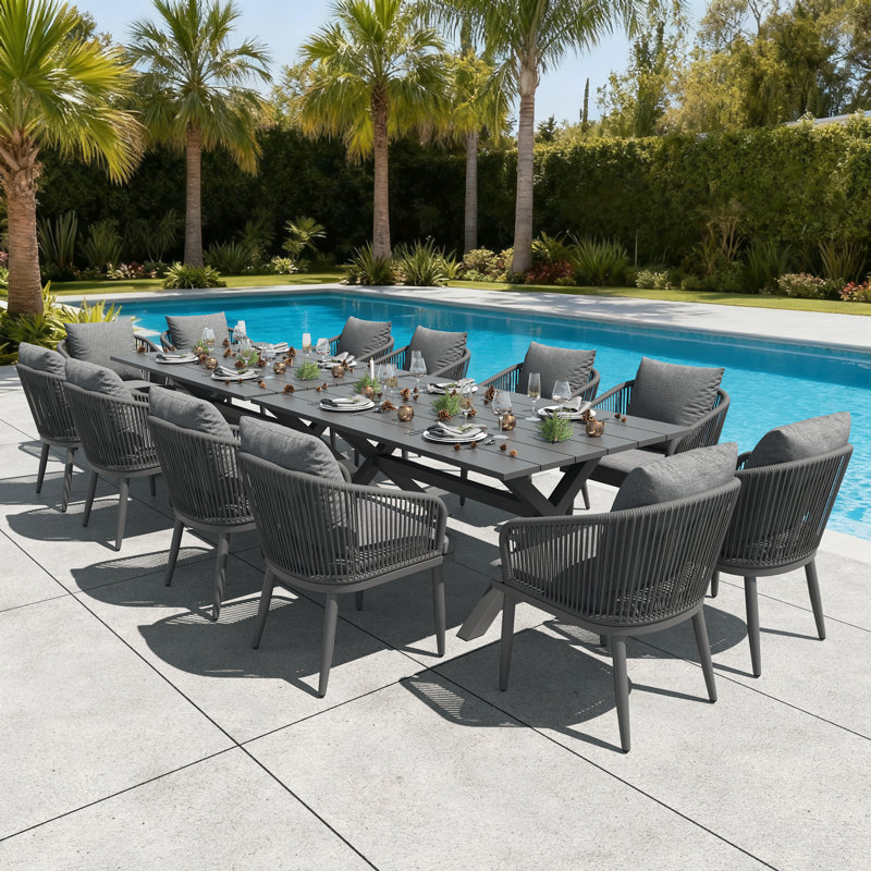 14 Pieces Outdoor Dining Set Woven Rope Wicker Patio Dining Set With Rectangular Aluminum Table And Modern Armrest Dining Chairs