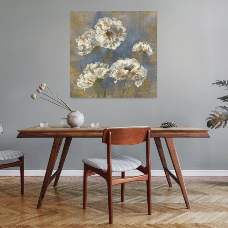 Fleurs contemporaines en rosée du matin I avec art floral beige, H 32 po x l 32 po