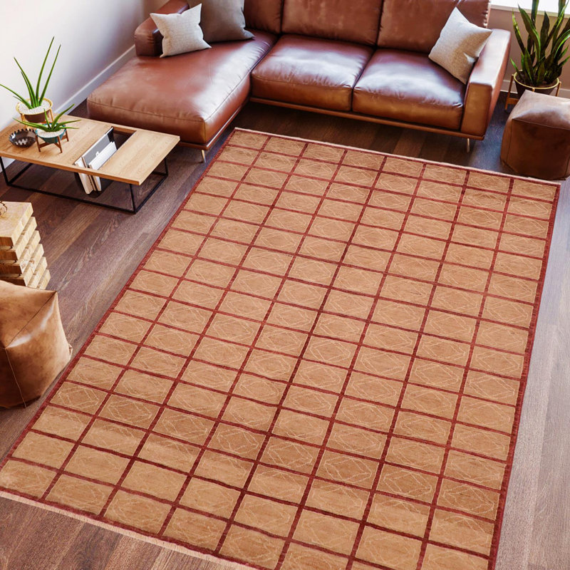 Tapis géométrique orange en laine noué à la main 7 pi 10 po x 9 pi 8 po Baccio