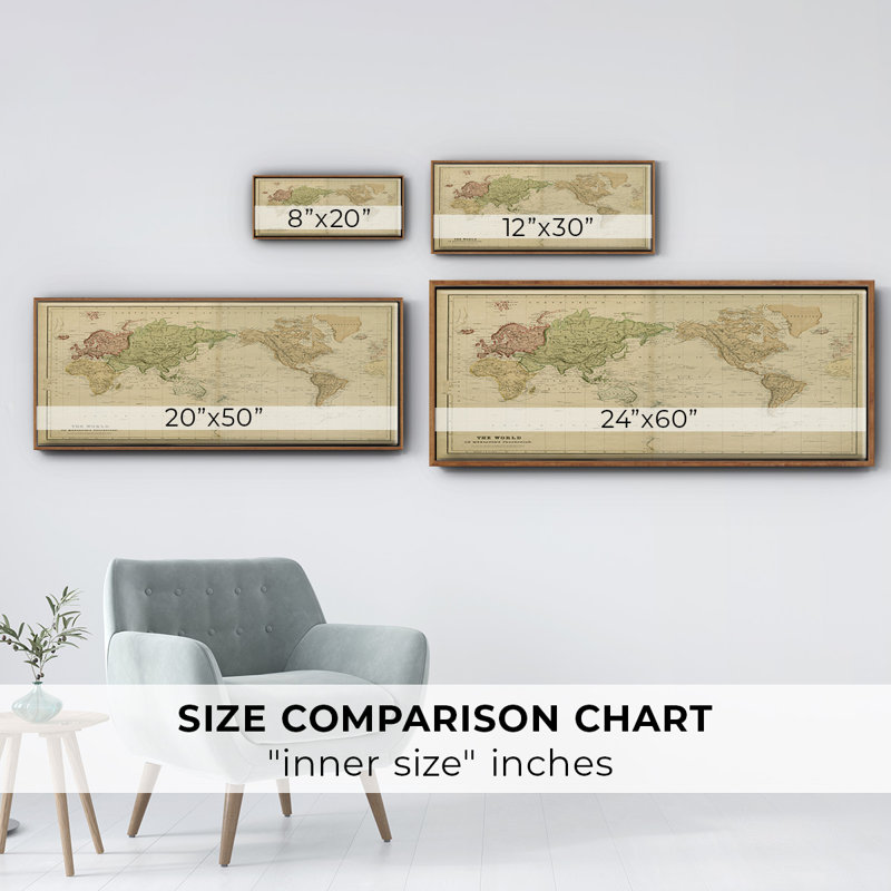 «The World on Mercators Projection», toile K encadrée, Noyer, H 12 po x l 30 po x P 1,5 po