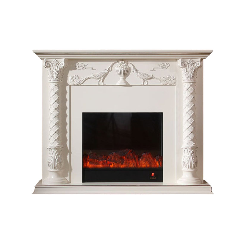 European-style neoclassical white decorative fireplace with silver tracing and electric simulated fire for the living room