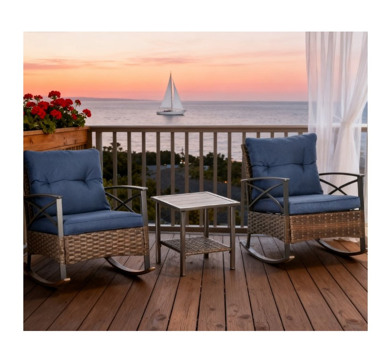 Ensemble de conversation d'extérieur en osier bleu foncé 3 pièces avec deux chaises berçantes et une table d'appoint