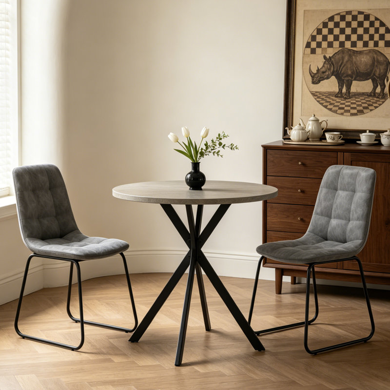 31.6 Inch Round Dining Table And Chairs For 2, Space Saving Modern Casual Coffee Table Set For Apartment Kitchen Dining Room Rhine Gray Table & 2 Dark Gray Chairs