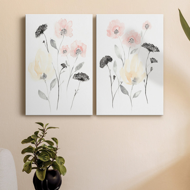 Blush & Black Wildflowers II - Toile tendue avec châssis de qualité supérieure - prête à être accrochée
