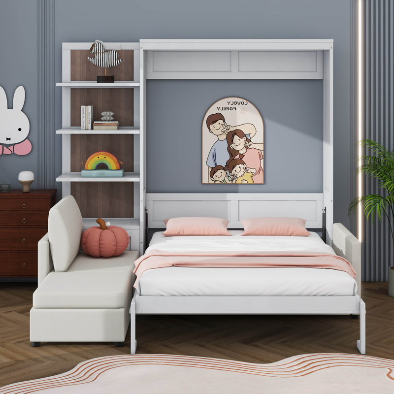 Grand lit escamotable avec canapé et tablettes, Blanc