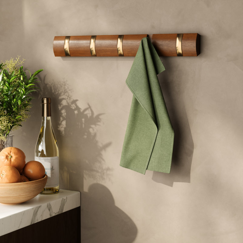 Ainikki Wall 5 - Hook Wall Mounted Coat Rack, Light Walnut/Warm Gold