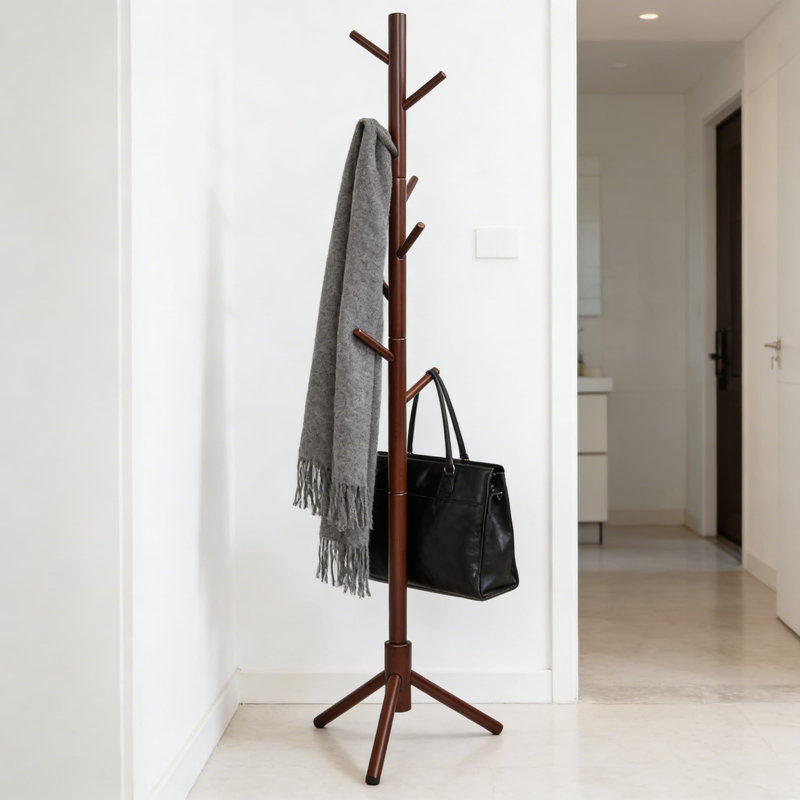 Freestanding Coat Rack With 8 Hooks, Adjustable Height Coat Tree For Entryway, Hallway, Home Or Office, Sturdy Rubber Wood Construction With Stable Tripod Base