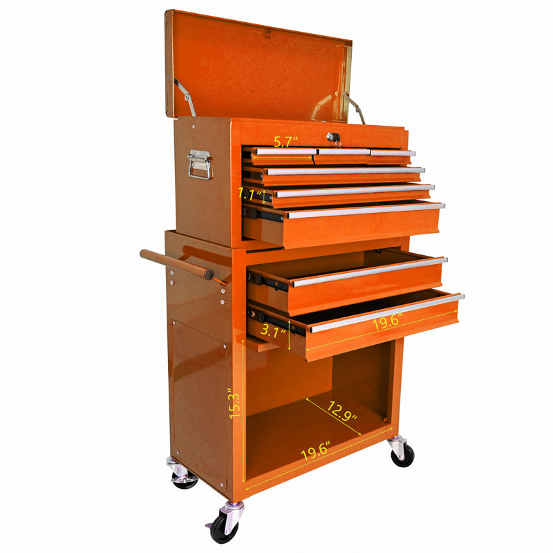 Coffre à outils roulant à grande capacité avec roulettes et tiroirs, armoire de rangement pour outils à 8 tiroirs, Orange