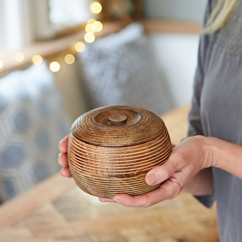 Makula Natural Mango Wood Bowl with Lid, 8.5cm H x 13cm W x 13cm D