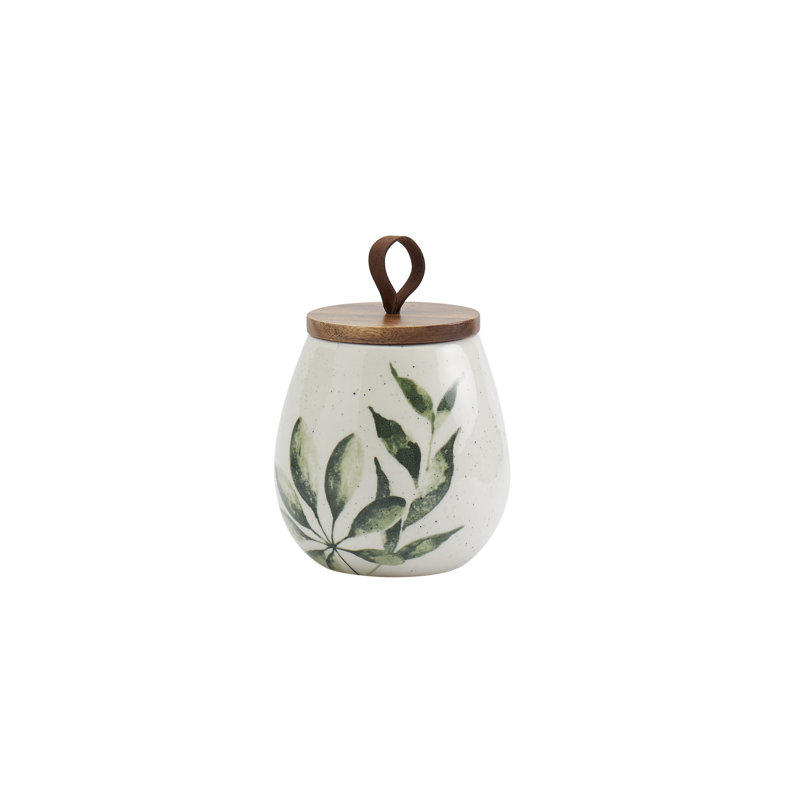Green Leaf Ceramic Canister Set with Acacia Wood Lids