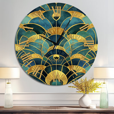 Horloge murale surdimensionnée en métal, motif éventail paon, bleu sarcelle doré