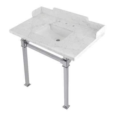 Kingston Brass Viceroy 36-Inch Carrara Marble Console Sink with Stainless Steel Legs (8-Inch, 3-Hole)
