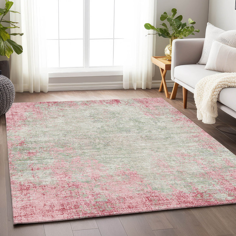 Tapis rose Prisco lavable à la machine de qualité supérieure, Rectangulaire 8 pi x 10 pi