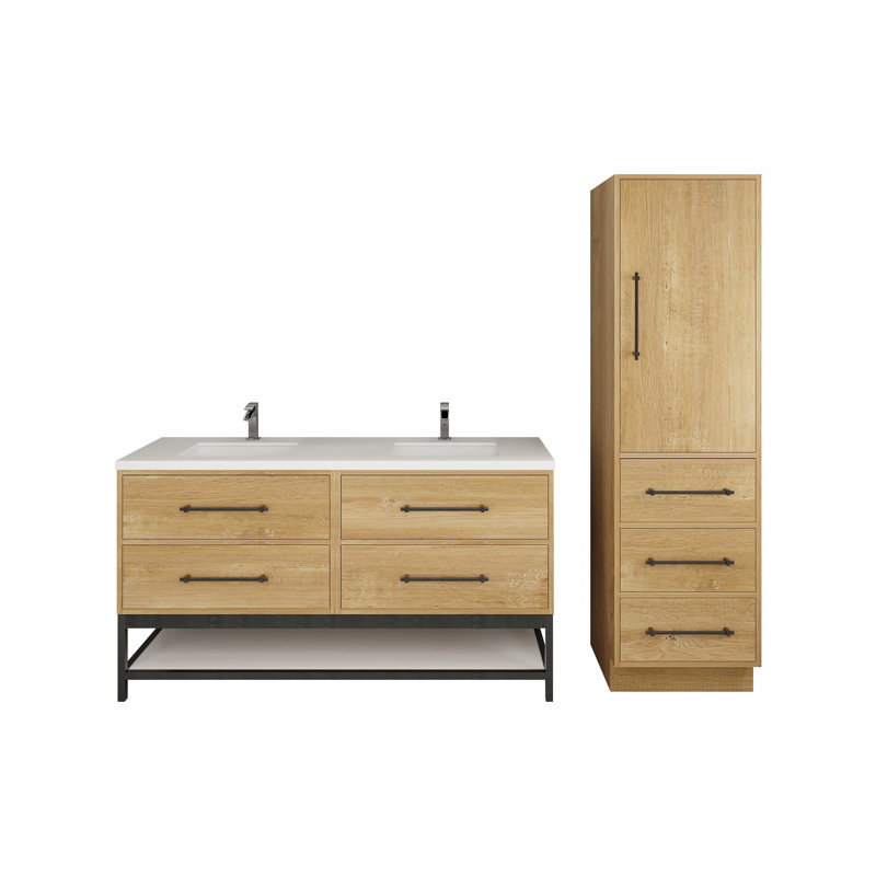 Meuble-lavabo mural avec lavabo et support en acrylique renforcé Victoria, Chêne rouge