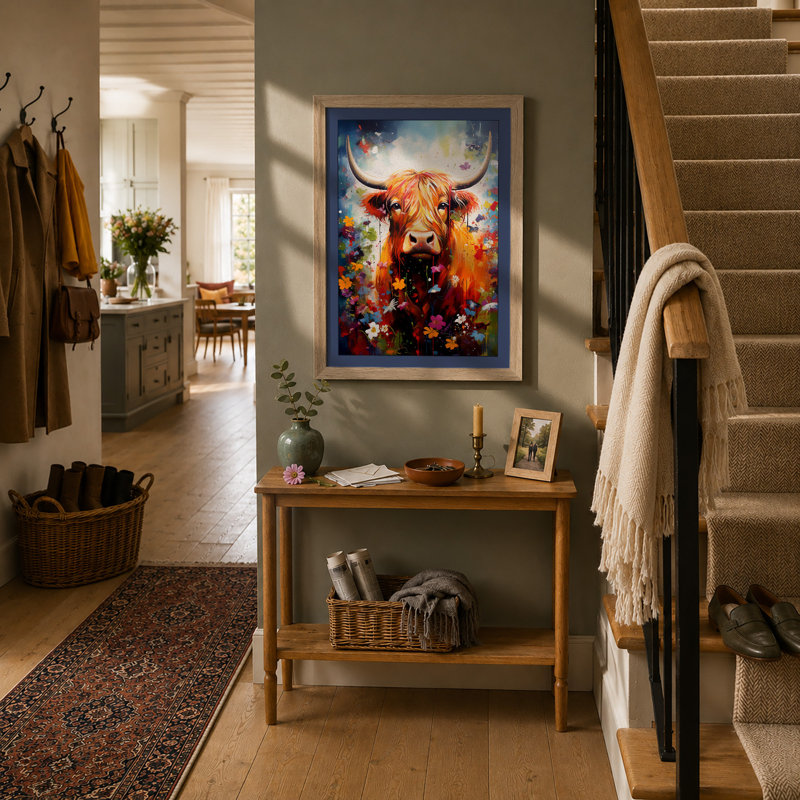 Highland Bull In Bloom Boho - Print, A4 - 29.7 x 21.0 cm, Oak