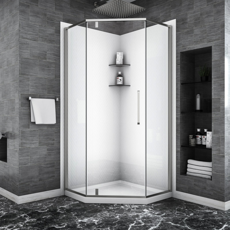 Enceinte de porte de douche en nickel brossé, 34 1/8 po x 72 po, semi-anglaise - look de salle de bain sophistiqué