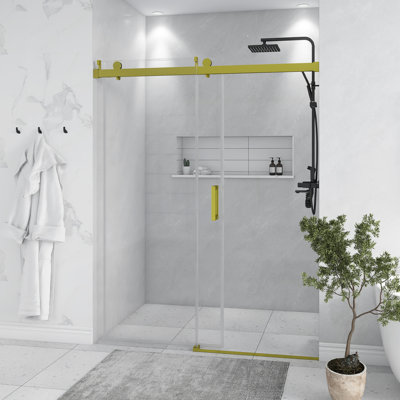 56-60" W * 76" H Frameless Single Sliding Soft-Close Shower Doors With Buffer, 3/8" (10Mm) Thick SGCC Tempered Glass Door, Reversible Installation, Brushed Gold