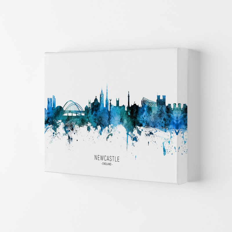 Newcastle England Skyline Blue City Name by Michael Tompsett - Print, 21cm H x 29.7cm W x 4cm D, Wrapped Canvas