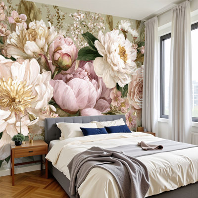 Boho Peel and Stick Wallpaper Soft Watercolor Garden Delicate Peonies Lavender Hues Wall Murals 69"H x 96"W Removable PVC Wall Paper Self-Adhesive Wall Decor for Bedroom Living Room Nursery
