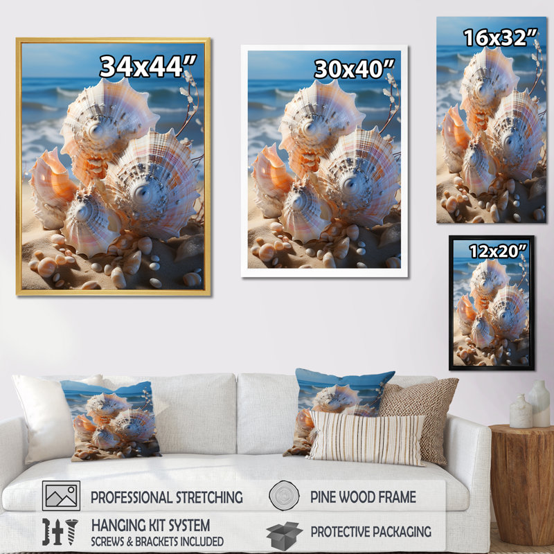 Impression sur toile Seashells On Dreamy Tide I, H 32 po x l 24 po x P 1 po, Cadre naturel flottant