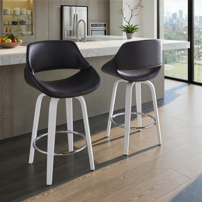 Tabouret de bar à hauteur fixe avec pivot en bois blanc et similicuir noir avec repose-pieds rond chromé - ensemble de 2