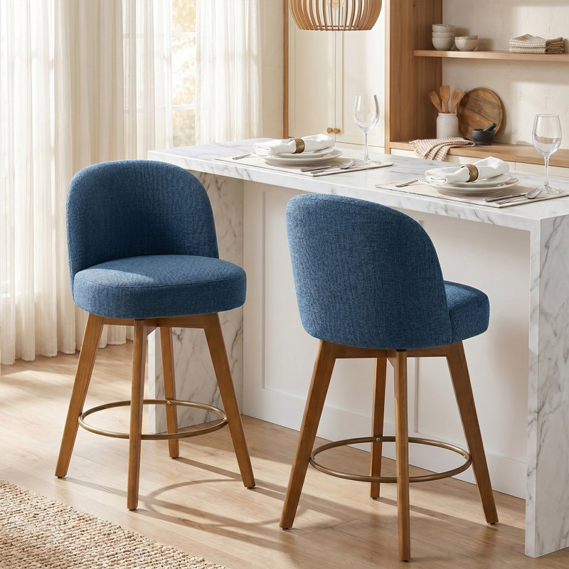 Tabouret de comptoir pivotant 26 po avec structure en bois massif et dossier moyen, Bleu foncé / mélange de lin