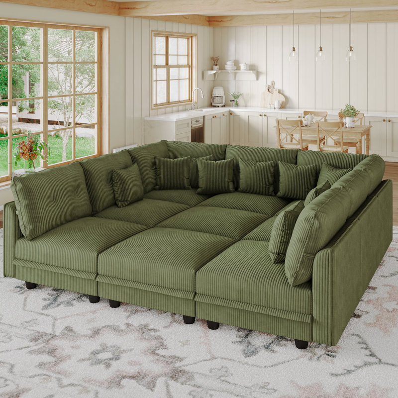Degennaro 9 Seat Corduroy Convertible Modular Sectional Sleeper With Storage, Green Corduroy