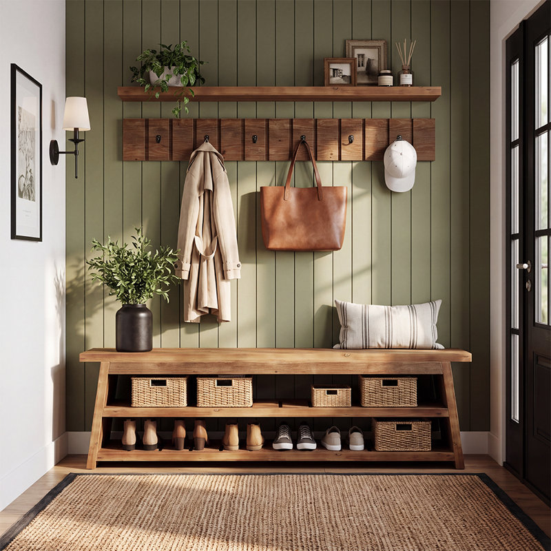 Porte-manteau en bois massif de 160 cm de large avec banc de rangement