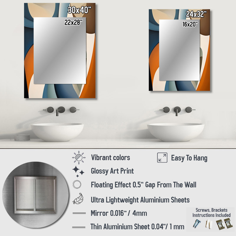 Blue Orange Symmetrical Visions - Abstract Shapes Decorative Mirror, Blue Wall Mirror, Printed Metal Art, 40" x 30"