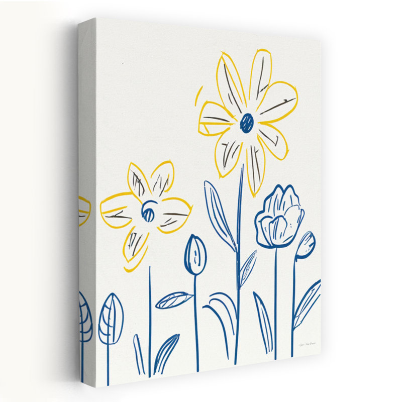 Floral harmonie - fleurs jaunes minimalistes contemporaines, tiges bleues, art, H 24 po x l 16 po