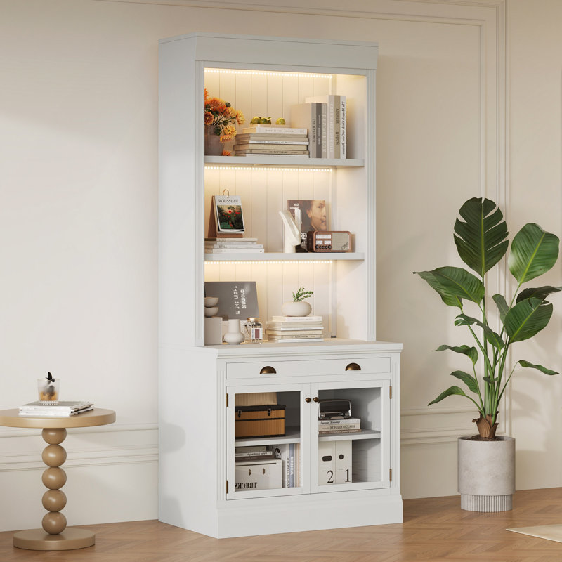 Bibliothèque de 83,4 po de hauteur avec éclairage DEL, bibliothèque moderne avec 2 portes en verre et 1 tiroir, bibliothèque de rangement avec tablettes ouvertes pour le salon, le bureau personnel