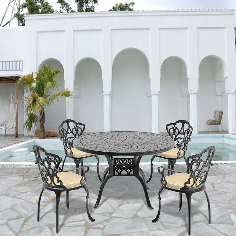 Ensemble de 5 meubles de patio en fonte d'aluminium avec coussins blanc cassé