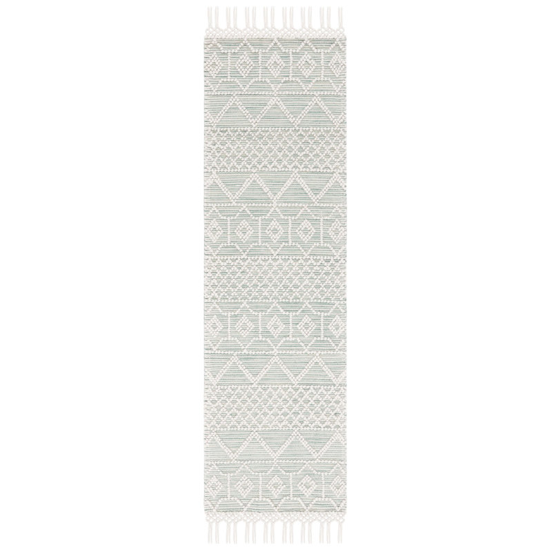 Tapis géométrique fait à la main de couleur ivoire / vert clair Aldeline, Tapis de couloir 2 pi 3 po x 8 pi