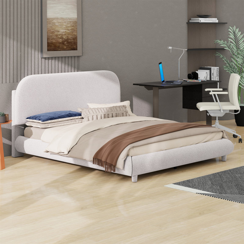 Lit plateforme tapissier au design courbé élégant, Beige
