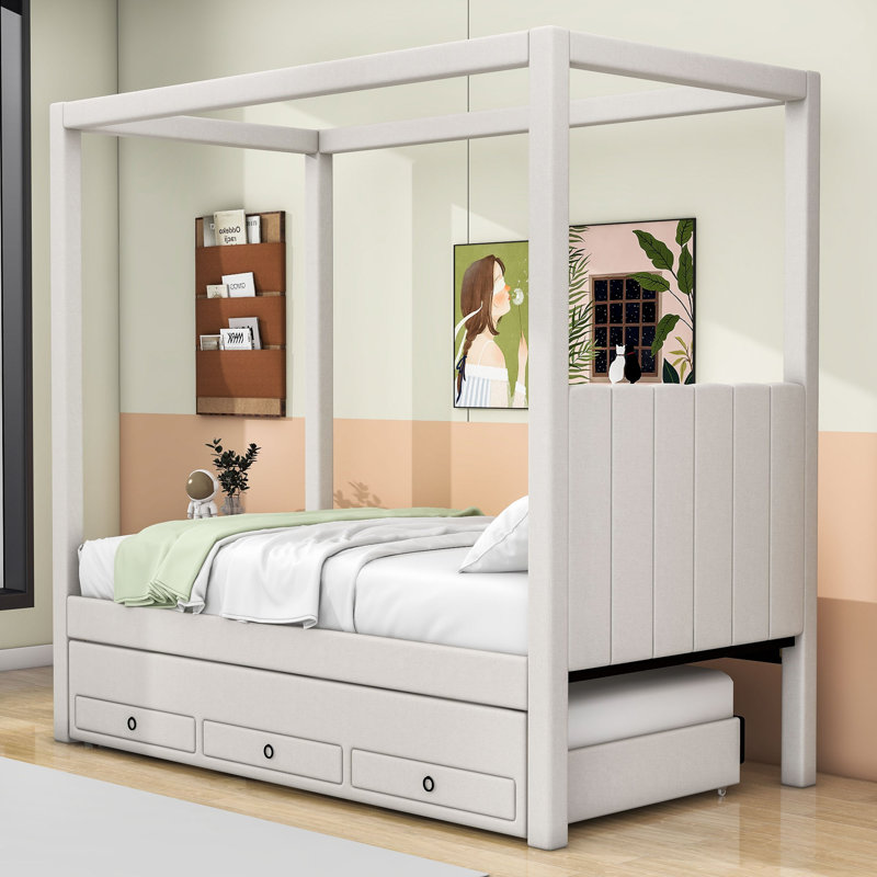Lit plateforme à baldaquin avec lit gigogne simple et 3 tiroirs de rangement Raqib, Beige, Double